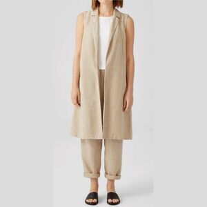 Eileen Fisher Long Vest Linen Tencel Khaki Tan Open Front Minimalist, Size XS